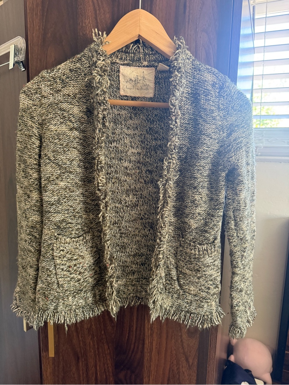 Angel Of The North Heathered Olive Fringe-Trim Open Cardigan
